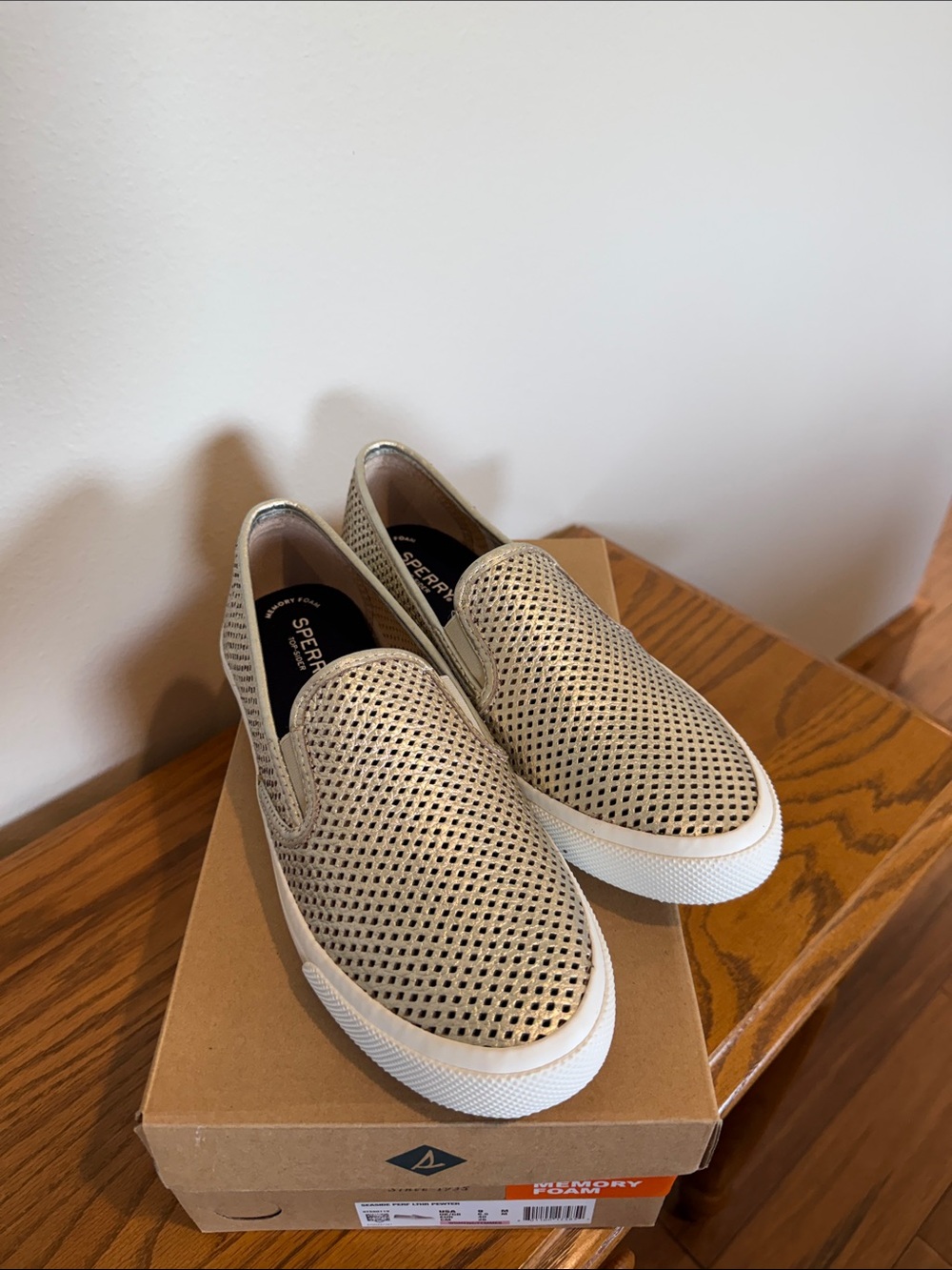 Sperry Perforated Slip-On Sneakers in Metallic Leather Pewter